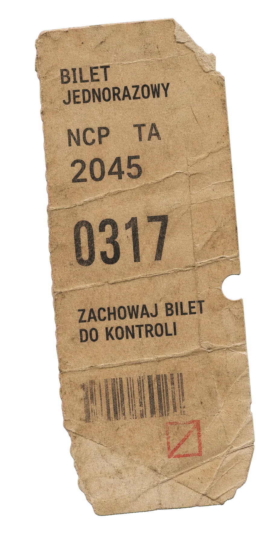 Zużyty bilet komunikacji Night City z 2045 roku