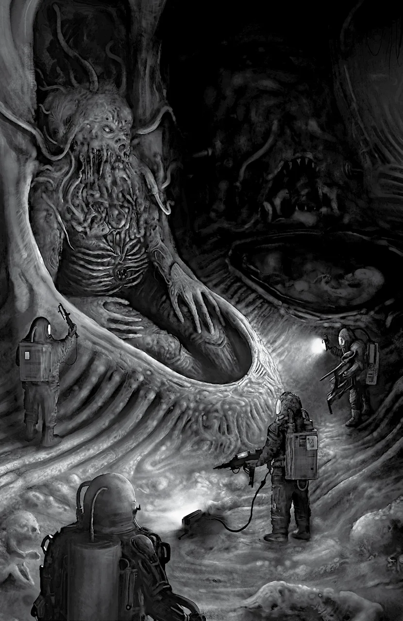Ilustracja spotkania z podręcznika Mothership
