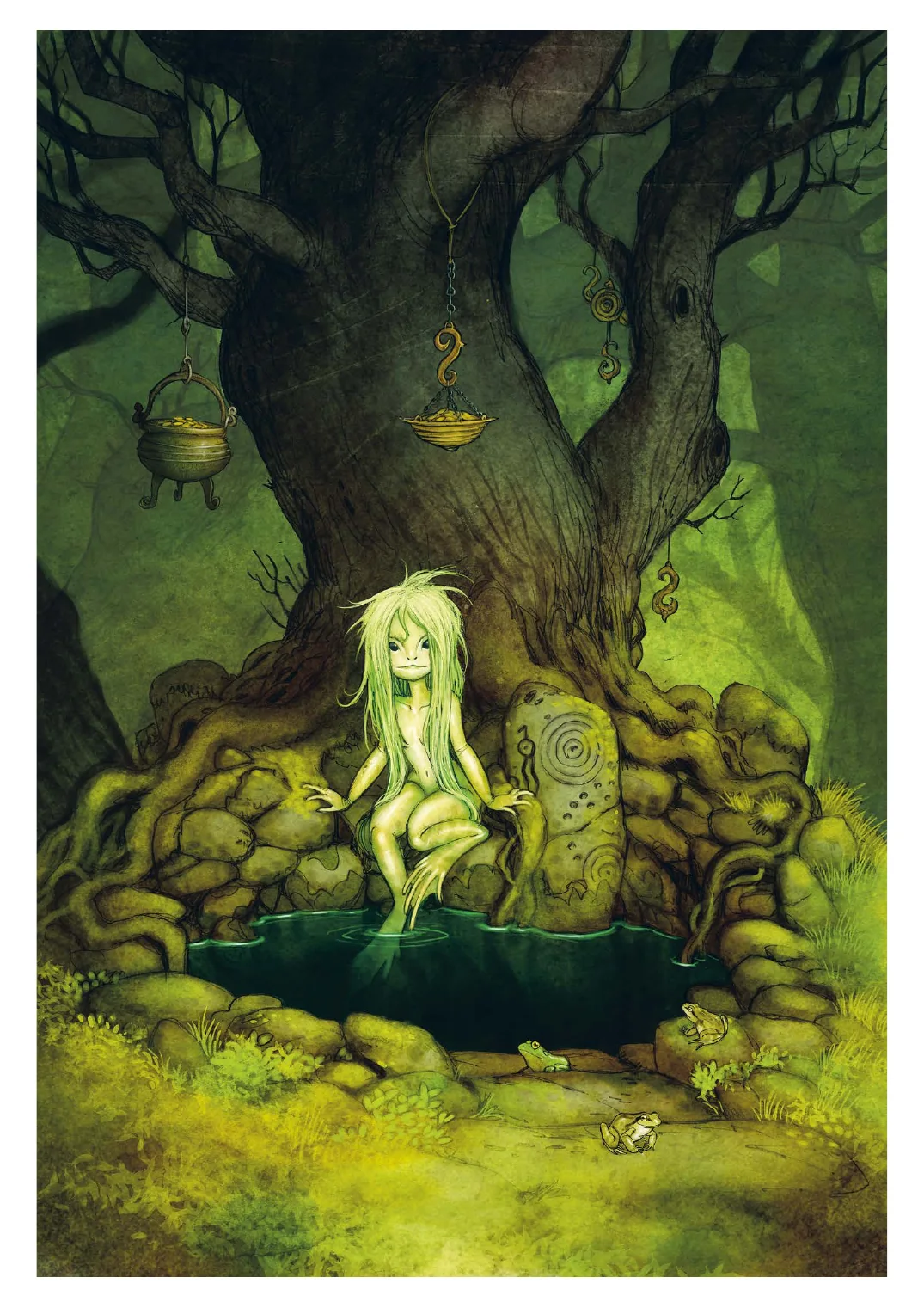 Ilustracja istoty przy leśnym źródle